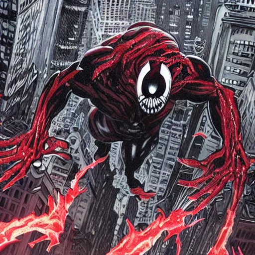 Prompt: carnage symbiote destroying new york city on a dark and gloomy night