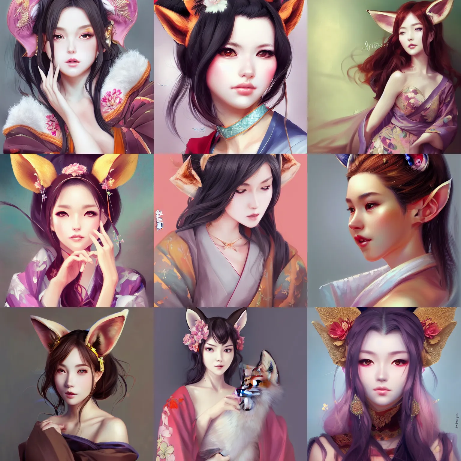 Prompt: A portrait of a beautiful woman with fox ears wearing a kimono, digital painting, by Stanley Artgerm Lau, WLOP, Rossdraws, LeraPi, and Sakimichan, digtial painting, trending on ArtStation, deviantart, SFW version, large anime eyes