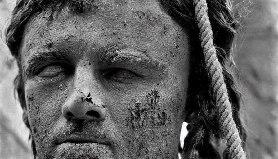 Prompt: 1 9 7 0 s movie still close - up of marcus atilius regulus'face tied with ropes at a pole with stiched forced - open eyes looking at the burning sun, eyes blood, cinestill 8 0 0 t 3 5 mm, high quality, heavy grain, high detail, texture, dramatic light, anamorphic, hyperrealistic, detailed hair