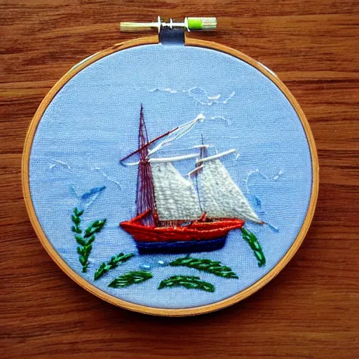 Prompt: a tiny beautiful handmade embroidery of a ship on the ocean. hand embroidery.