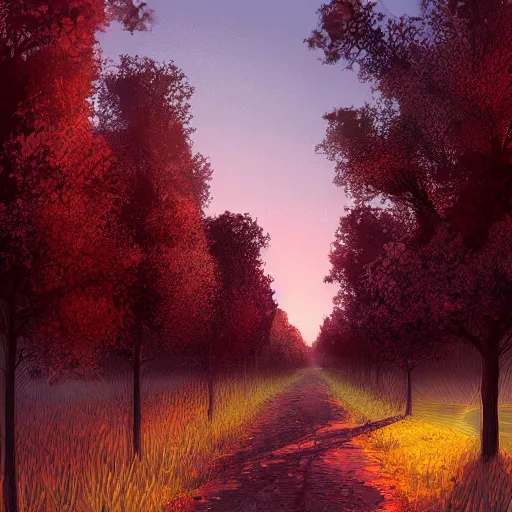 Prompt: tree-lined path at sunset, by Aenami Alena