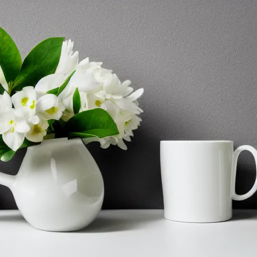 Image similar to bright white room showcasing ceramic mug surrounded by white flowers, green leaves, and pears, soft zen minimalist, white background, bright, crisp