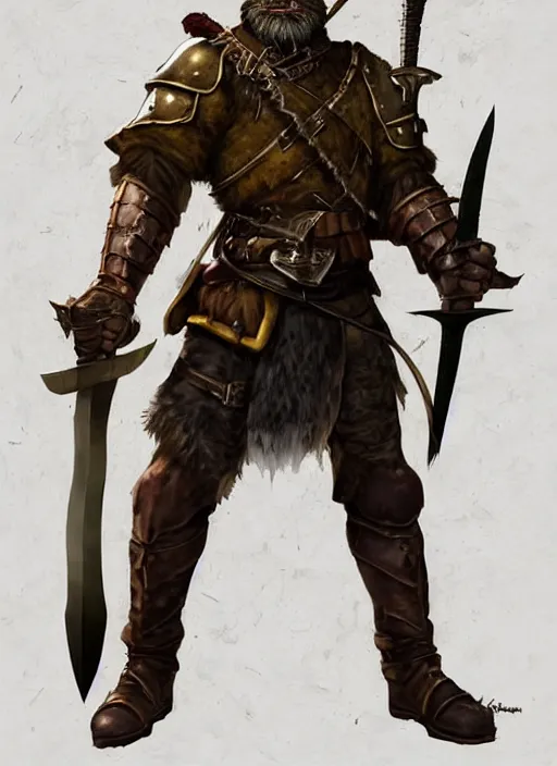 Image similar to strong young man, photorealistic bugbear ranger holding sword, fire magic, black beard, dungeons and dragons, pathfinder, roleplaying game art, hunters gear, jeweled ornate leather and steel armour, concept art, character design on white background, by sargent, norman rockwell, makoto shinkai, kim jung giu, artstation trending, poster art, colours red and green