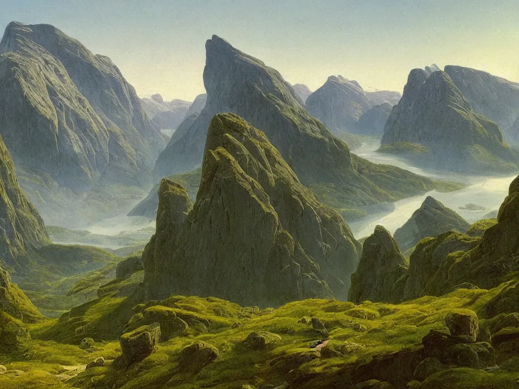 Prompt: a painting of a majestic mountainous landscape of norway in summer by caspar david friedrich, high detail,