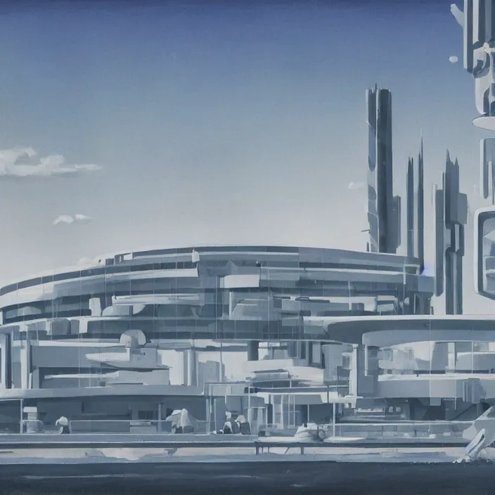 Image similar to a building in a serene landscape, retrofuturism