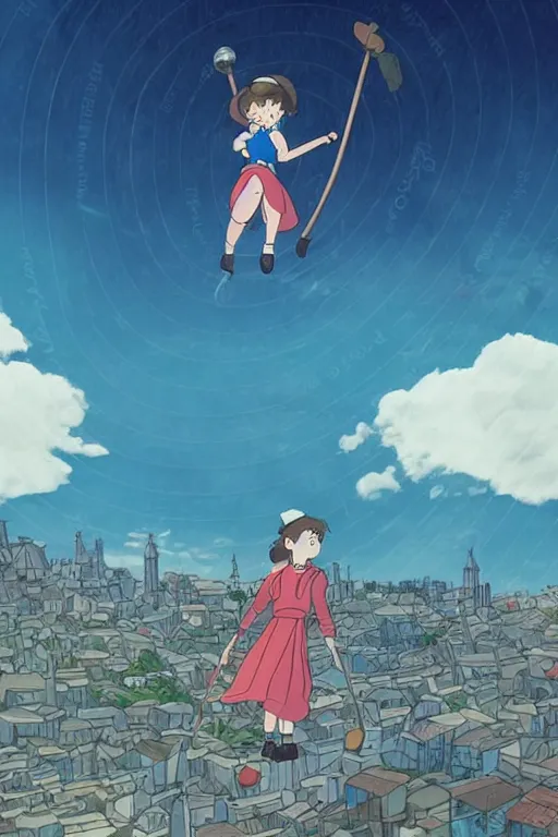 Image similar to A girl on a broomstick flying over the city sky at afternoon ,Medieval Cities ,Eye-catching blue accents,by studio ghibli,Interaction of Color, graphic design