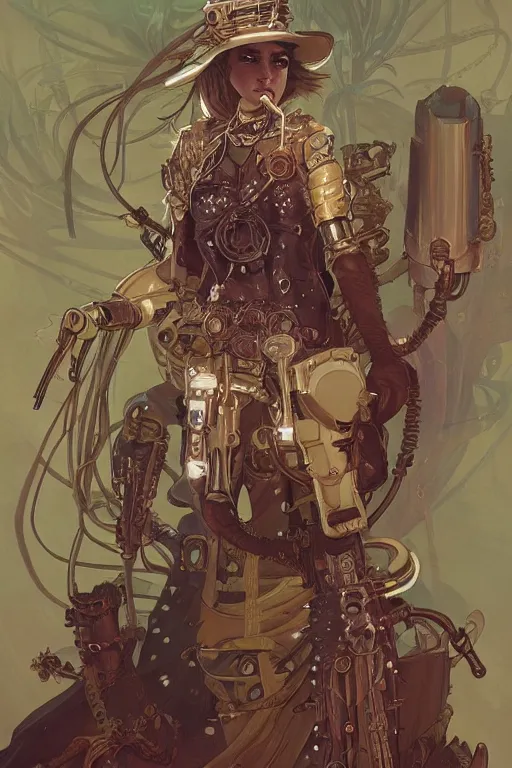 Image similar to anthropomorphic cactus as steampunk half - cyborg, western, high fantasy, dnd, smooth, sharp focus, illustration, highly detailed, digital painting, artstation, concept art, by disney animation, rossdraws, alphonse mucha, frank fanzzeta, collectible card art