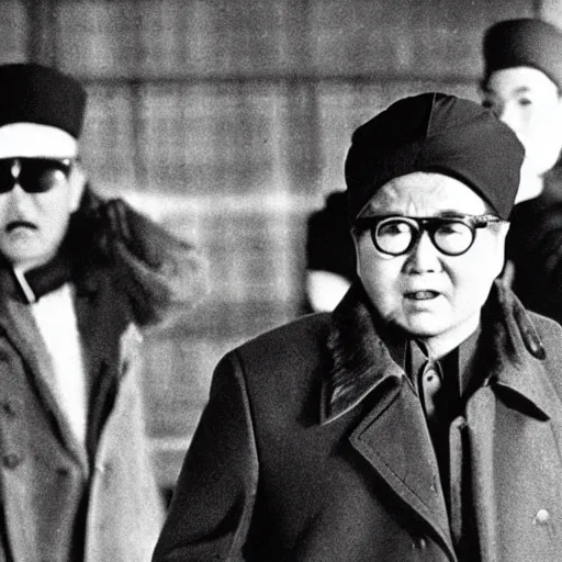 Prompt: filmstill of Kim Jong-il wearing a chapka in the role of Doctor Zhivago by David Lean, 1965, cinemascope, 35mm film, epic romance