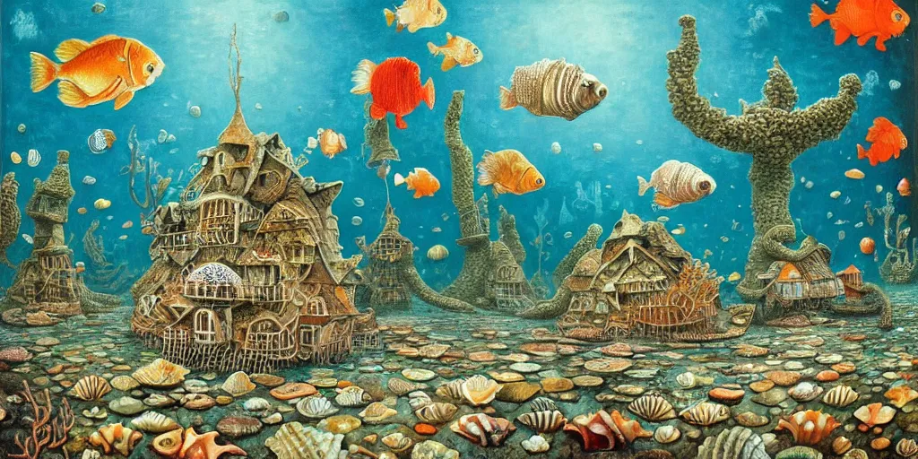 Image similar to underwater city inside!! the seashell, seaweed, corals, carps, koi fish, small scandinavian!!! houses, little people!!!, by jacek yerka by levitan, surrealistic painting, masterpiece, oil painting, sharp focus, highly detailed, intricate, smooth, 8 k,