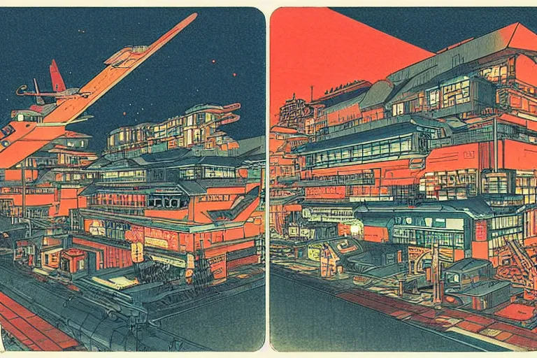 Image similar to cyberpunk buildings with a flight vehicle glowing in the sky, neon sign, bottom view ， bladerunner, by hiroshige utakawa