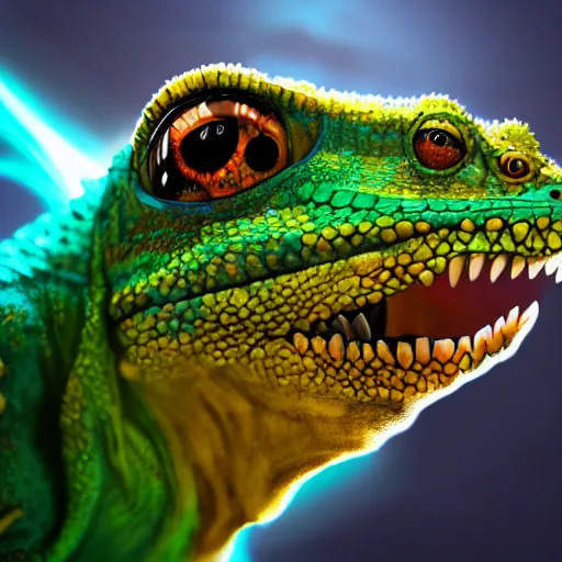 Image similar to close up portrait of an epic young chameleon lizard as a human wizard, pixar style, stylized face, intricate detail, digital painting, glowing orange eyes, vivid color, neon colors, particles floating, background by wlop, artwork by ross tran and liam wong and mike winklemann, trending on artstation