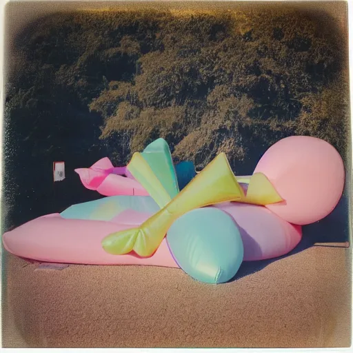 Prompt: a pastel colour high fidelity Polaroid art photo from a holiday album at a seaside with abstract inflatable parachute furniture, all objects made of transparent iridescent Perspex and metallic silver, no people, iridescence, nostalgic