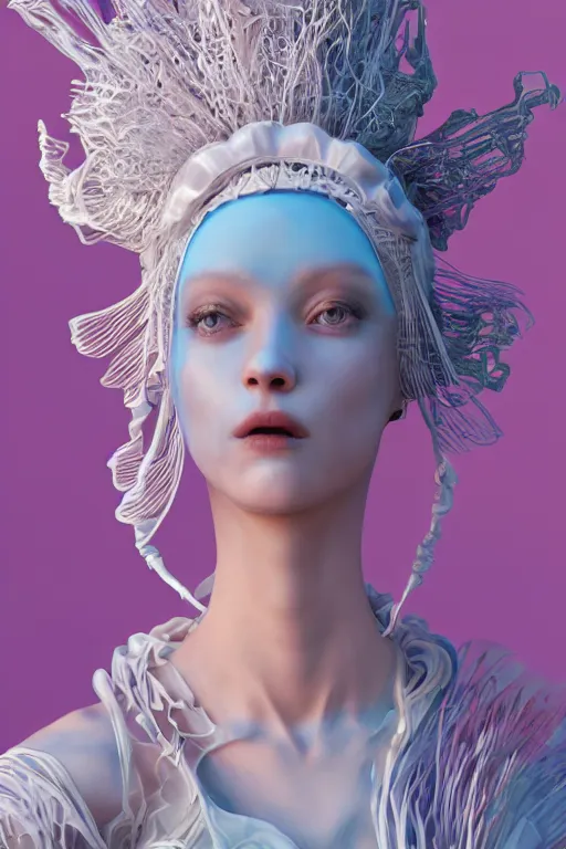 Prompt: an epic non - binary model, subject made of white melting porcelain, mesh headdress, flowing dress, with cerulean and pastel pink bubbles bursting out, delicate, beautiful, intricate, melting into vulpix, houdini sidefx, by jeremy mann and ilya kuvshinov, jamie hewlett and ayami kojima, trending on artstation, bold 3 d