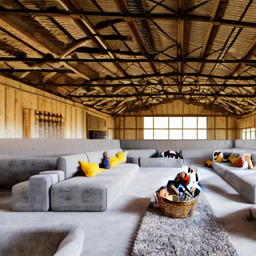 Image similar to interior view of modern futuristic farm barn architecture and interior design showing cows laying down on sofas and pigs and chickens sitting in lounge chairs, wall art, throw pillows, areas rugs, feed troughs, hay, detailed luminescent oil painting 4 k