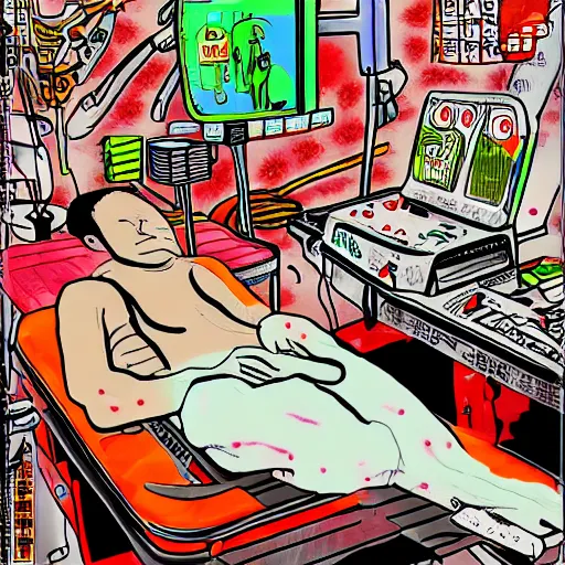 Image similar to chinese surgery operating table, in the style of daniel johnston and outsider art, 8k, line brush, overlaid with chinese adverts