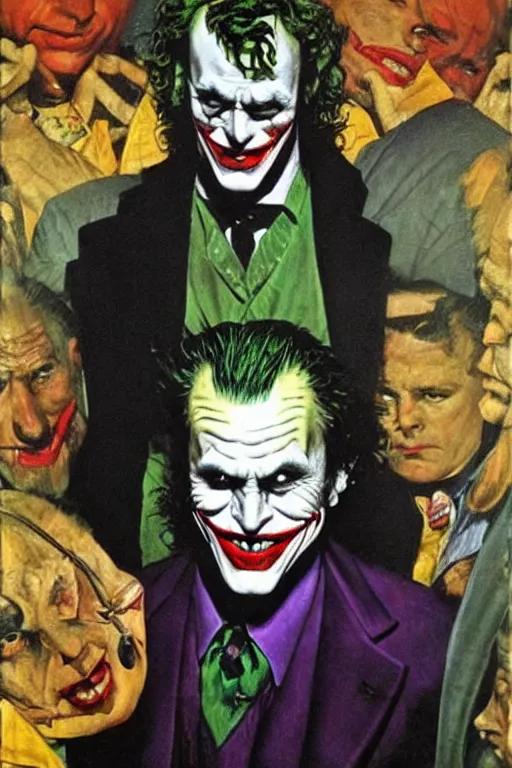 Prompt: michael keaton as the joker. at night, upper torso, beautiful painting by norman rockwell and raymond swanland, beautiful detailed face.