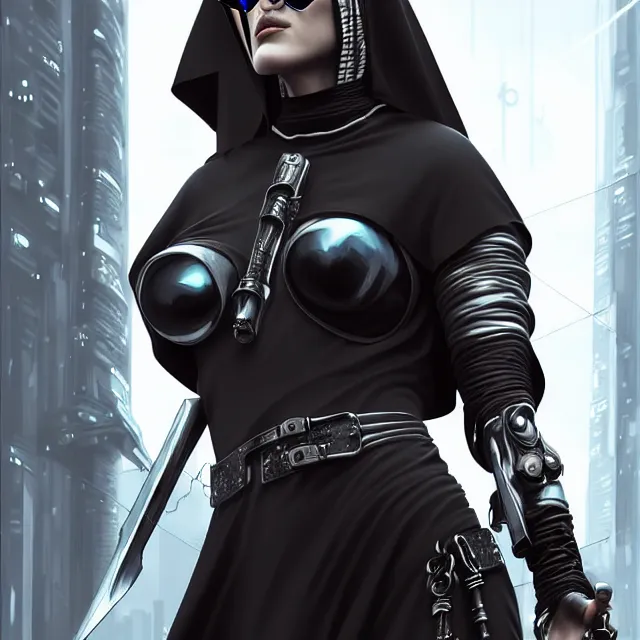 Image similar to cyberpunk nun warrior, highly detailed, 4 k, hdr, smooth, sharp focus, high resolution, award - winning photo, artgerm, photorealistic