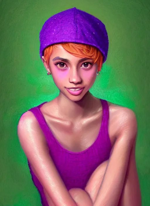 Image similar to portrait of teenage vanessa morgan with bright pink hair, vanessa morgan, curly pixie cut hair, wearing a purple breton cap, breton cap, subtle confident smile, hoop earrings, intricate, elegant, glowing lights, highly detailed, digital painting, artstation, concept art, smooth, sharp focus, illustration, art by wlop, mars ravelo and greg rutkowski