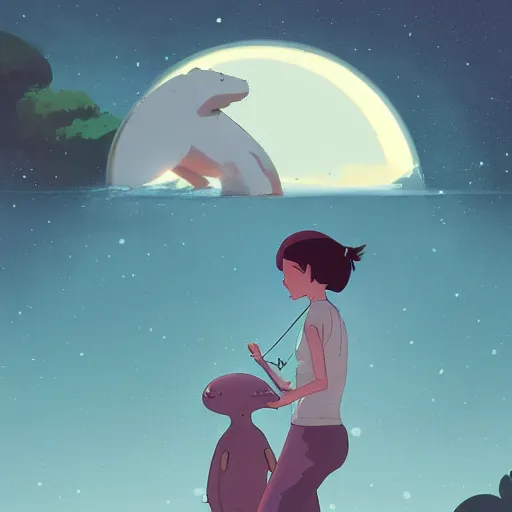 Image similar to a tyrannosaurus eating a baby harp seal, in a tropical alien world, atey ghailan, goro fujita, studio ghibli, scary lighting, clear focus, very coherent