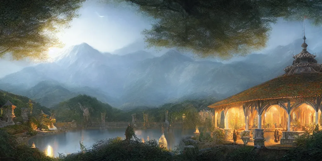 Prompt: The Pavilion in Rivendell, evening, detailed matte painting, cinematic, Alan Lee, Artstation