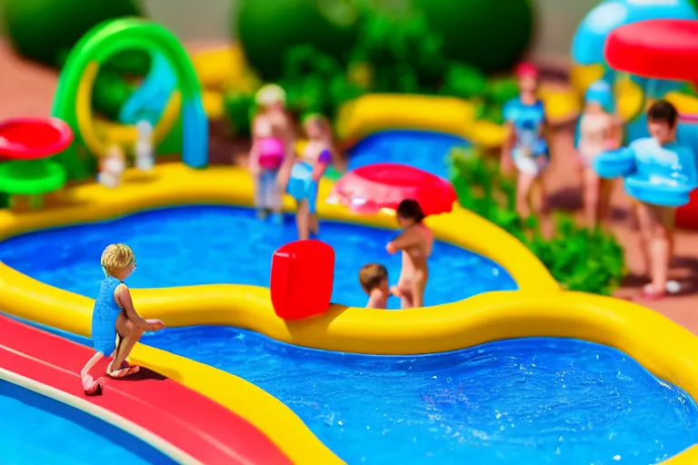 Prompt: fisher price public pool, california scene from tv show hyper detailed 5 5 mm 8 5 mm, toy photography, made out of plastic