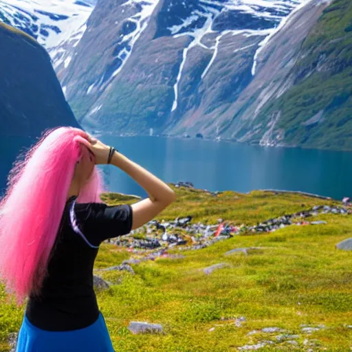 Prompt: a young woman with long pink hair, facing forward for a selfie, back towards fjord, hiking clothes, tank top, backpack, norway, fjords in background, cinematic, beautiful, stunning, day time, epic, 8 k, 1 6 : 9