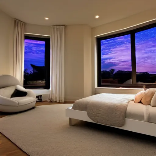 Prompt: a futuristic furnished bedroom with a large window at sunset, godrays, luxury white bed, warm lighting