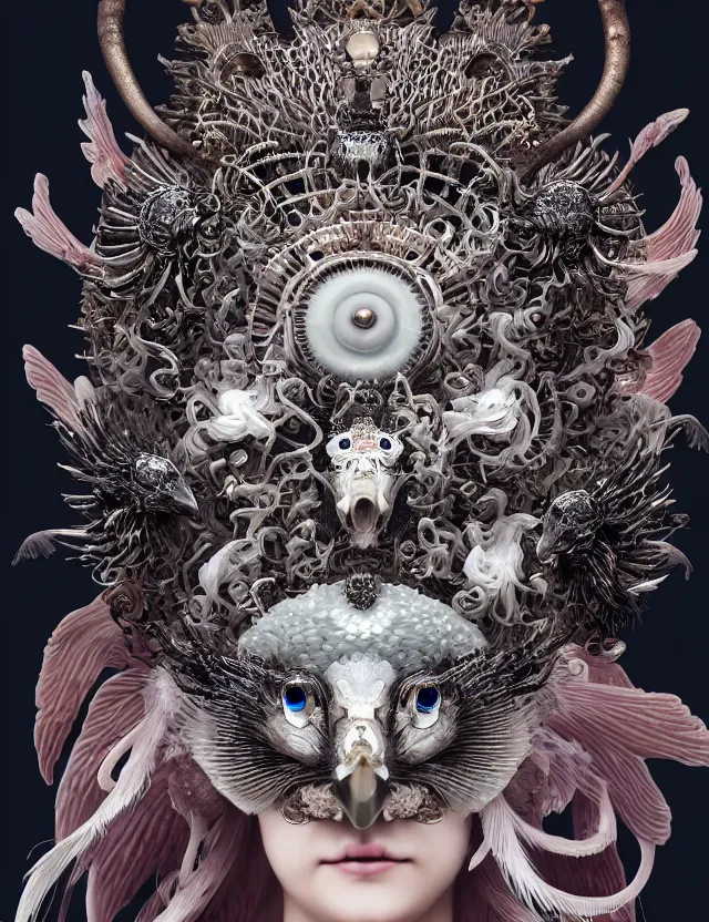 Image similar to goddess macro close - up portrait wigh crown made of ram skull. beautiful intricately detailed japanese crow kitsune mask and clasical japanese kimono. betta fish, jellyfish phoenix, bioluminiscent, plasma, ice, water, wind, creature, artwork by tooth wu and wlop and beeple and greg rutkowski