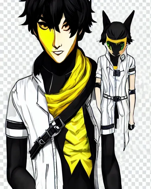 Image similar to Young Arabian half-human wolf. Dressed in yellow cloth. Portrait in Persona 5, Persona 5 style, anime