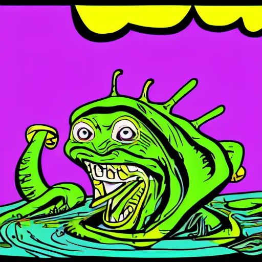 Prompt: pop - wonder - nft alien - meat half - tone - art of a swamp - man - goliath wading through the goopy - muck and slithering about the castle side delights on a melted cheesy day in a hand - drawn vector, svg, cult - classic - comic - style