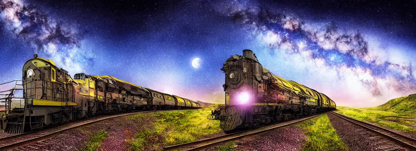 Prompt: long organic weird cronenberg rocket train mountain starry moonlit night sky, amazing wide landscape digital art 4k