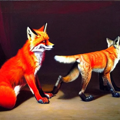 Image similar to only with red, in a red dream world, a crimson tiger tries to close an important deal with a red fox, in the style of beskinsky, part by hopper, part by rodcenko, part by hofbauer, intricate composition and red by caravaggio, insanely quality, masterpiece, oil on canvas, award winning, dramatic,