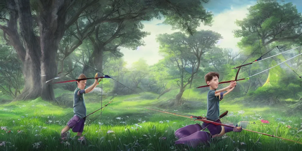 Image similar to a young boy practicing archery in the backyard of a castle, illustration digital art, matte painting, vivid colors, flat colors, cinematic, surreal, wide angle, made by chiho aoshima, trending on artstation, detailed