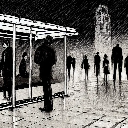 Prompt: some people waiting in bus stop in dark city night, detailed, high quality, high resolution, by deviantart