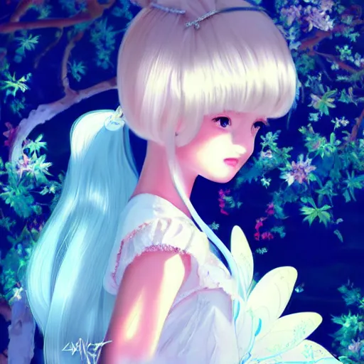 Prompt: little girl with butterfly in hair wearing an white dress. art by ilya kuvshinov, profile picture, inspired in hirohiko araki, highly detailed, 8 0 s anime art style, realistic, vogue cover