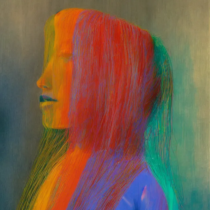 Image similar to colorful rainbow woman portrait in a translucent clothing made from plastic bag at store display, highly detailed, artstation, art by , edward hopper, zdislav beksinski, wayne barlowe