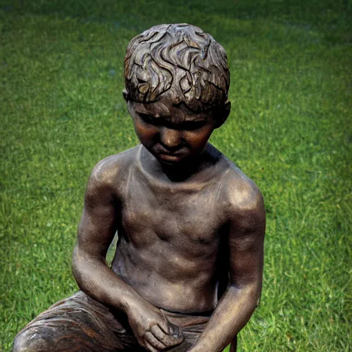 Image similar to high resolution photograph of a bronze cast sculpture of a sad peasant boy in the style of arnold böcklin