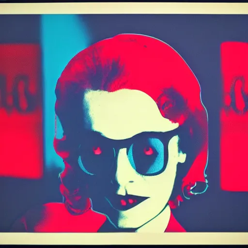 Prompt: a woman in a suit and tie with a creepy face, a screenprint by warhol, reddit contest winner, antipodeans, hellish, anaglyph filter, hellish background