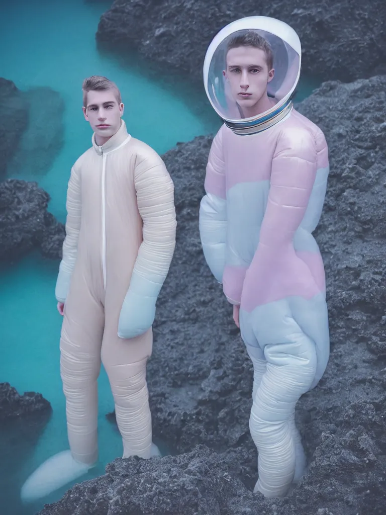 Image similar to high quality pastel coloured film portrait photograph of one beautiful young 2 0 year old male, soft features, short hair, wearing perspex space suit and oversized inflated clothing!! icelandic black rock pool environment. atmospheric three point light. photographic. art directed. ( pastel colours ). volumetric. clearcoat. waves. 8 k. filmic.