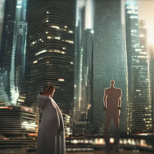 Image similar to two androids holding a human baby in a futuristic city scape. cinematic shot.