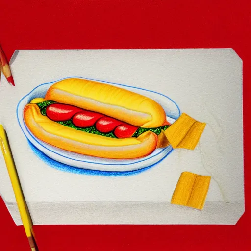 Image similar to hotdog floating, milk, lactose, colored pencil drawing