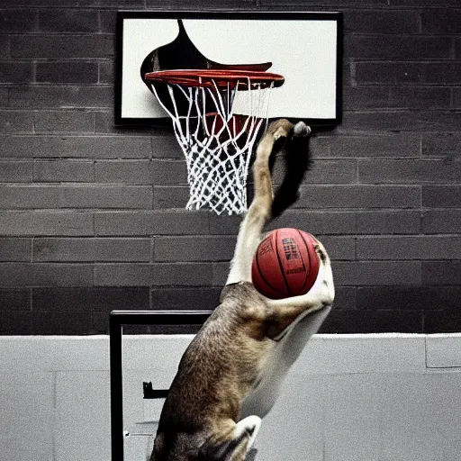 Prompt: An dramatic, iconic , awardwinning photograph of an dog doing a slam dunk in the basketball court in the afternoon, detailed,