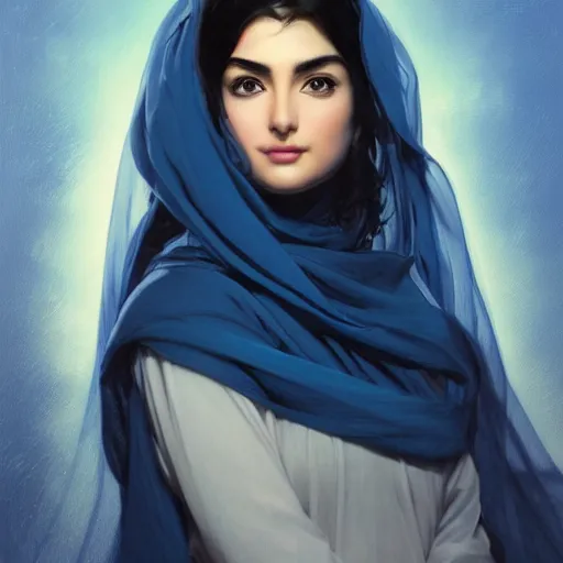 Prompt: Ameera al-Taweel, bright blue eyes, wavy black hair, white veil, highly detailed, digital painting, artstation, concept art, smooth, sharp focus, illustration, ArtStation, art by artgerm and greg rutkowski and alphonse mucha and J. C. Leyendecker and Edmund Blair Leighton and Katsuhiro Otomo and Geof Darrow and Phil hale and Ashley wood and Ilya repin and Charlie Bowater