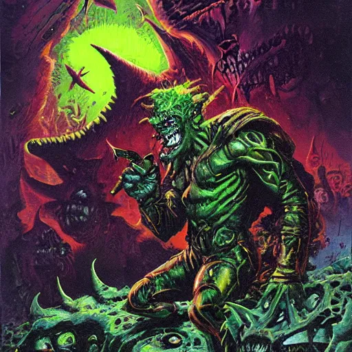 Image similar to green goblin in hell by paul lehr and moebius