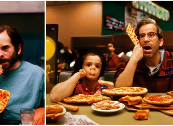 Image similar to portrait of charlie kaufman eating pizza at chuck - e - cheese, with felipe dieppa, and with vince peone, dramatic lighting, moody film still from being john malkovich ( 2 0 0 1 ), 3 5 mm kodak color stock, 2 4 mm lens, directed by spike jonze, ecktochrome