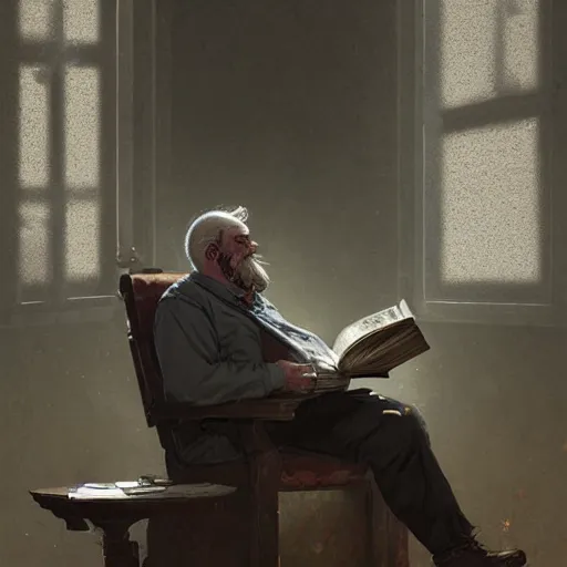 Image similar to old fatman sitting on chair reads book, light stubble, digital art, photorealistoc, art by greg rutkowski, hyperdetailed, western comic style, comic, comic style, sharp lineart, professional lighting, deviantart, artstation, trevor henderson, rossdtaws, cinematic, dramatic