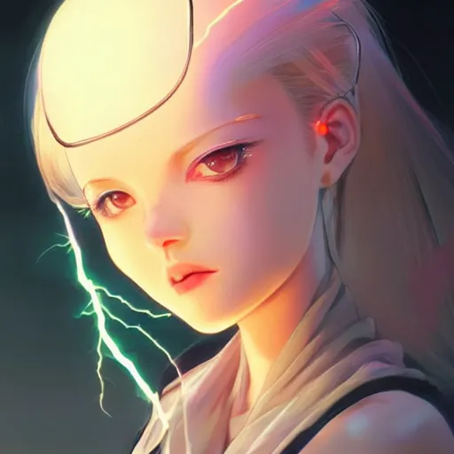 Image similar to cute girl electrocuted, sparks, lightning, occlusion shadow, specular reflection, rim light, unreal engine, range murata, artstation, pinterest, art by hiroaki samura and ilya kuvshinov and rossdraws, intricate, highly detailed 8 k, art deco illustration, realistic, extremely beautiful shape of face, neck, shoulders eyes