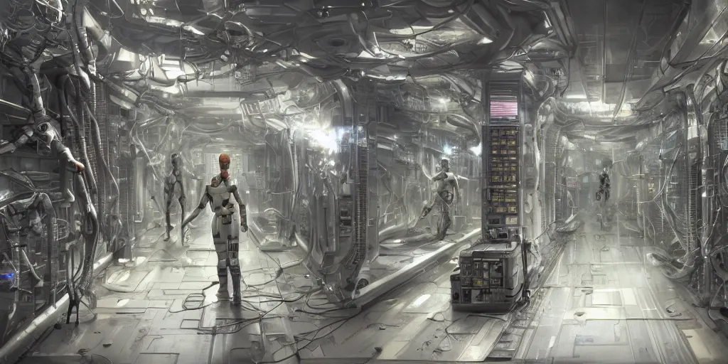 Prompt: i robot sonny bionical parallax volumetric coherent colossal ruined server room in datacenter portrait symmetrical face by eddie mendoza robot figure automata drone robot welder posing pacing fixing mono sharp focus, emitting diodes, racks, system unit, artstation cgsociety artofmtg hyperrealism cinematic dramatic paintin - g concept art of detailed character design