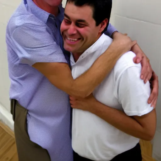 Image similar to a very tall middle aged white man hugging a very short young latino man