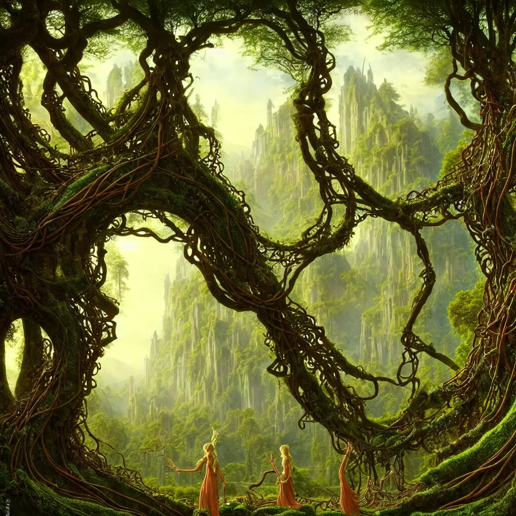 Prompt: a beautiful and highly detailed matte painting of an elven temple in a magical fantasy garden in a lush forest, ancient runes, knotted trees, tangled vines, intricate details, epic scale, insanely complex, 8 k, sharp focus, hyperrealism, very realistic, by caspar friedrich, albert bierstadt, james gurney, brian froud,